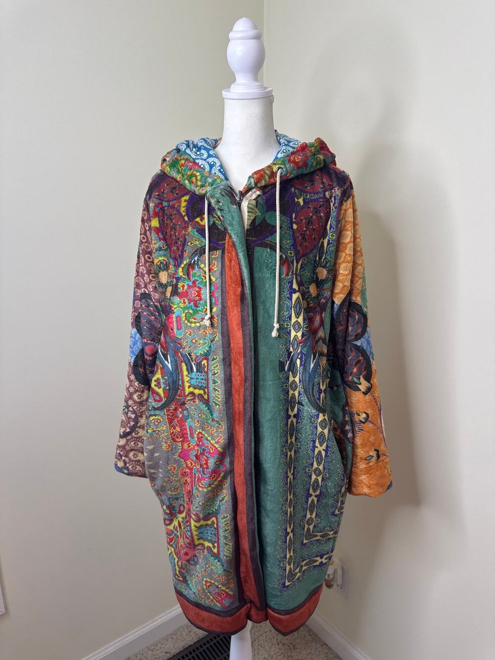 JOHNNY WAS Patchwork Zip Up Longline Hooded Jacket B47521-7 Size Small